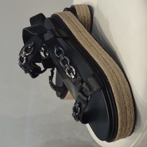 Palma Strappy Chain Black Leather platform Jute Wedge Sandal Karl Lagerfeld new